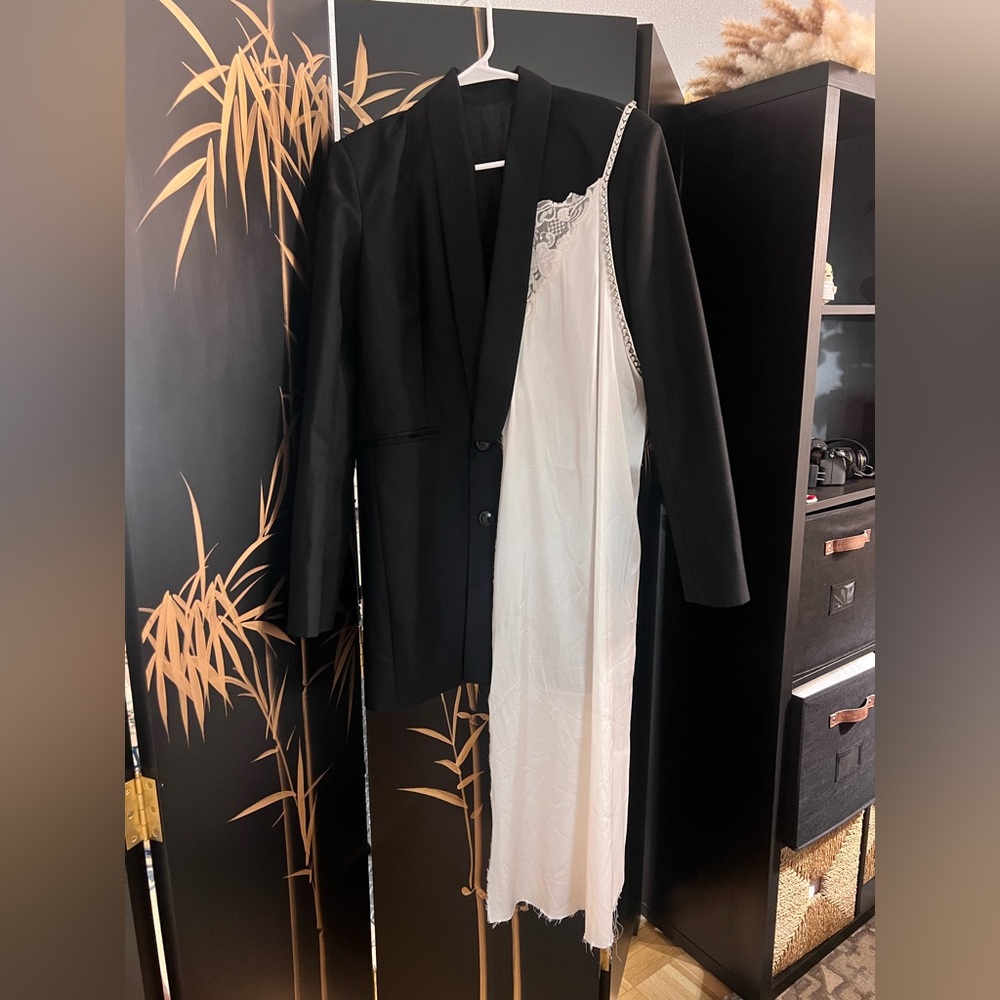 Black Blazer with One Side White Lace Slip Dress